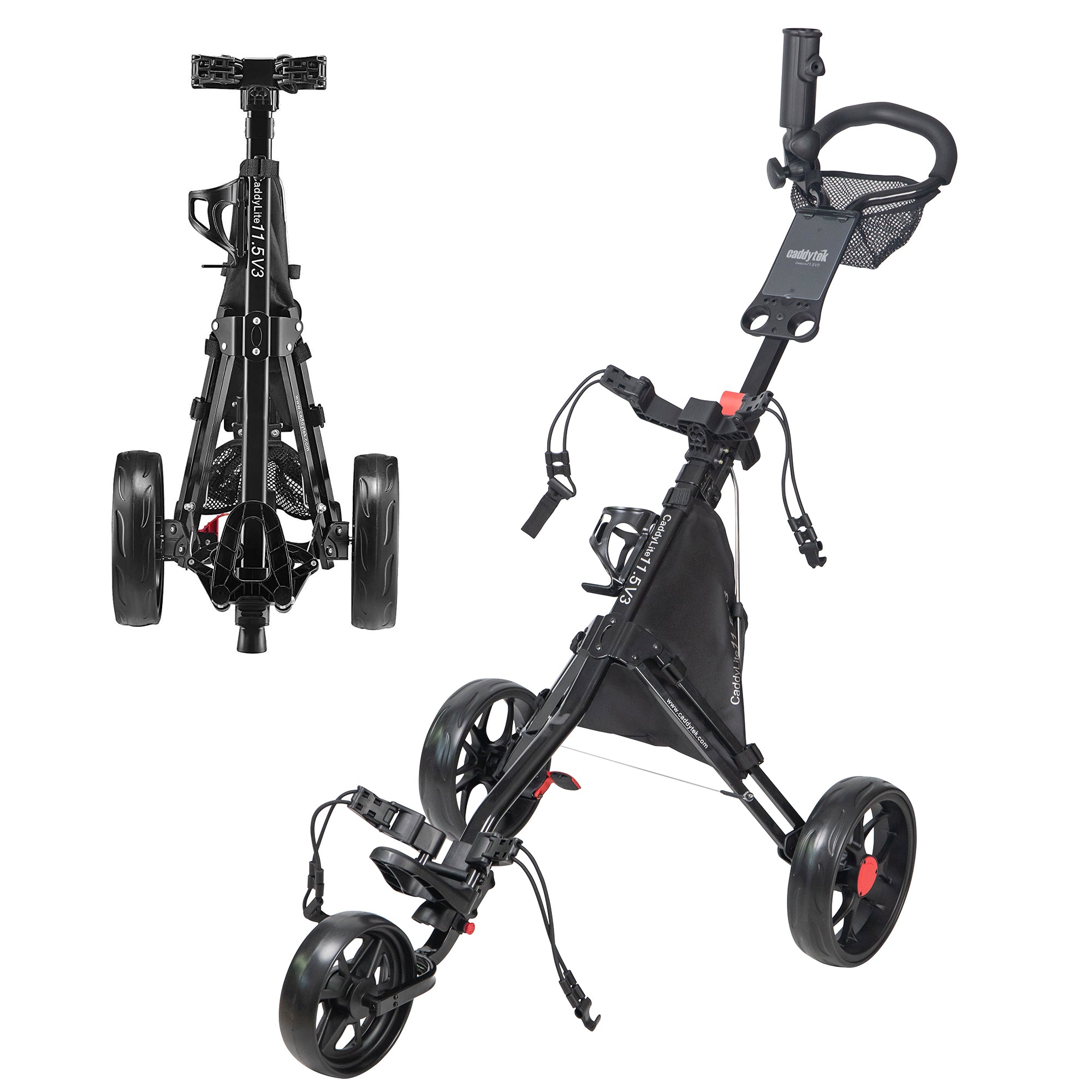 CaddyTek CaddyLite 11.5 V3 folding 3-wheel golf push cart, usable for disc golf bags