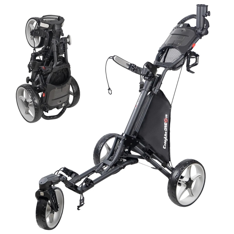 CaddyTek CaddyLite ONE Swivel V8 3-wheel golf push cart with 360-degree swivel front wheel, shown open and folded, usable for disc golf bags