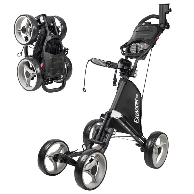 CaddyTek Explorer V8 4-wheel folding golf push cart, usable for disc golf bags