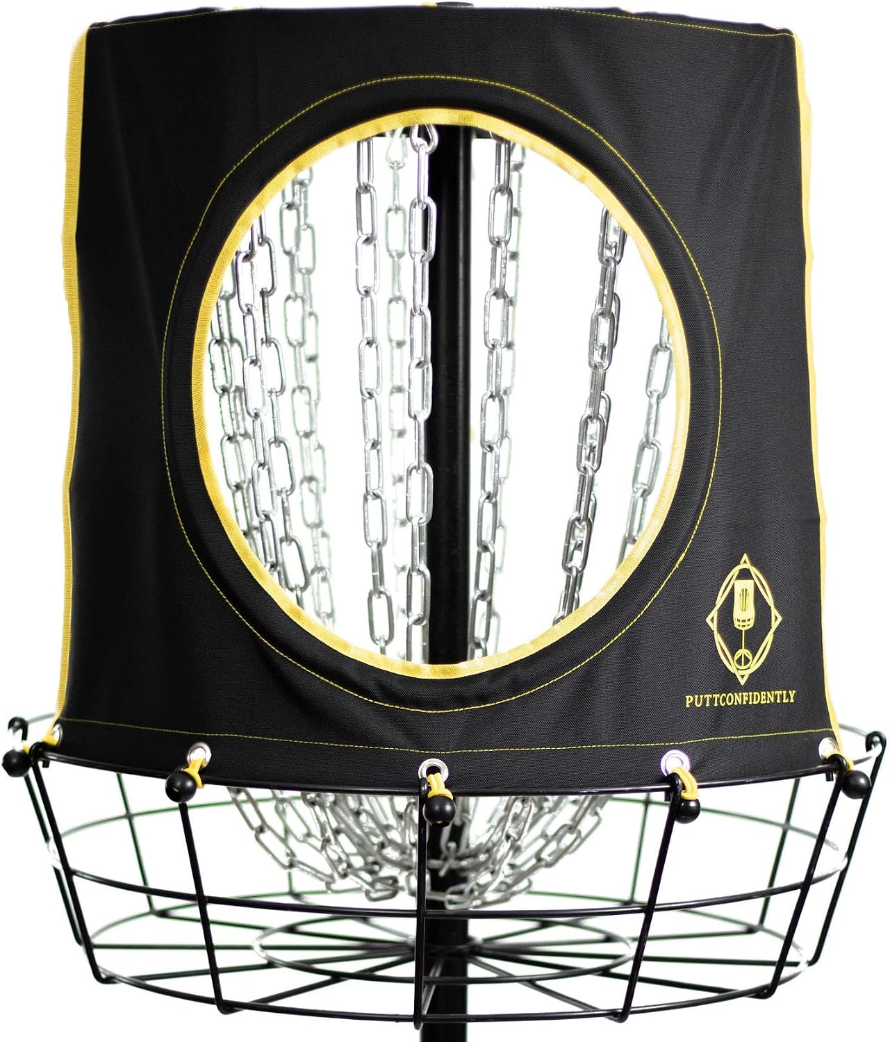 ChampCap putting target cover installed over a disc golf basket, narrowing the catch area
