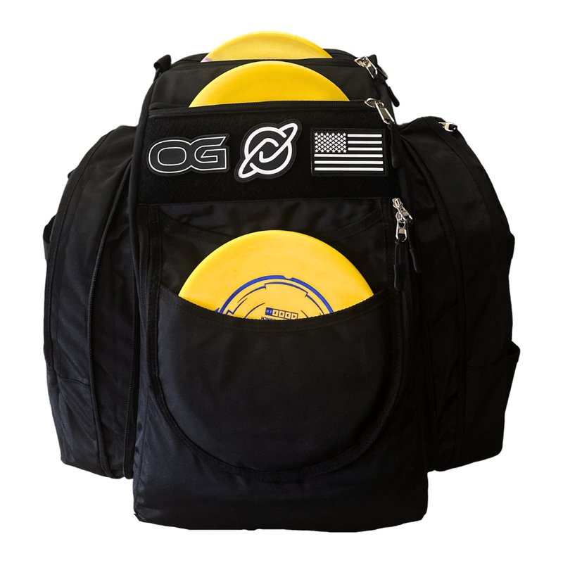 Discology OG V3 disc golf backpack in black with velcro patch panel and putters in the top pouches