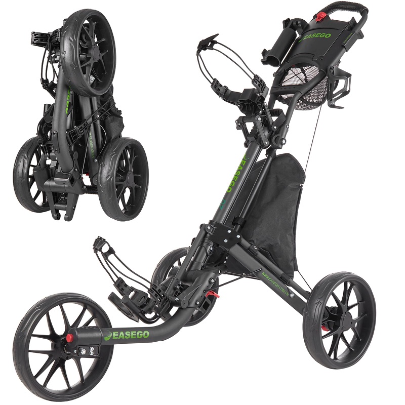 EASEGO 3-wheel folding golf push cart with cooler bag, shown open and folded, usable for disc golf bags