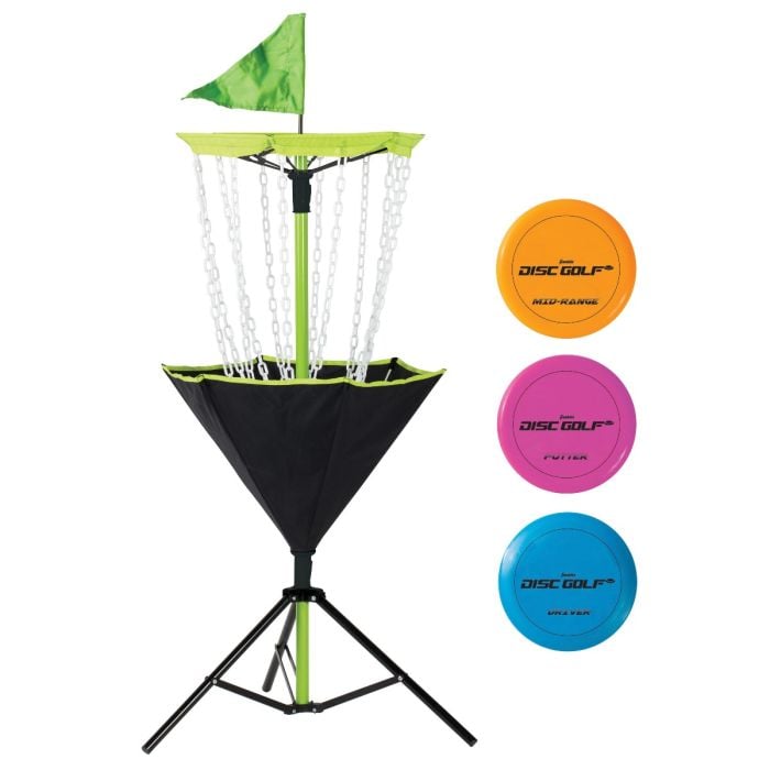 Franklin Sports disc golf basket with three golf discs