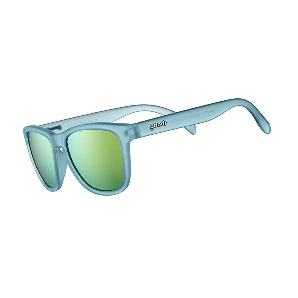 goodr OG polarized sunglasses in a translucent blue frame with green mirrored lenses