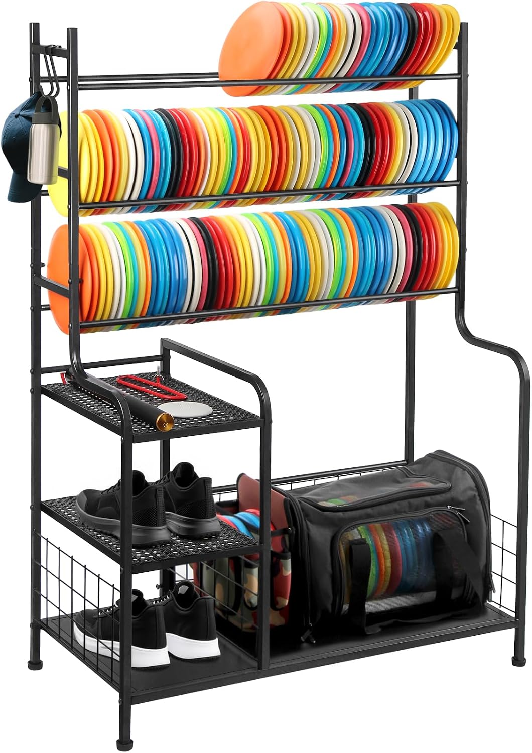 HIAARO metal disc golf storage rack holding rows of discs, shoes, and a bag