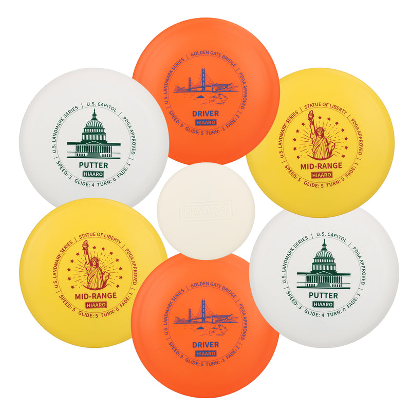 HIAARO U.S. Landmark Series 150 Class disc golf set with two U.S. Capitol putters, two Statue of Liberty midranges, two Golden Gate Bridge drivers, and a mini marker
