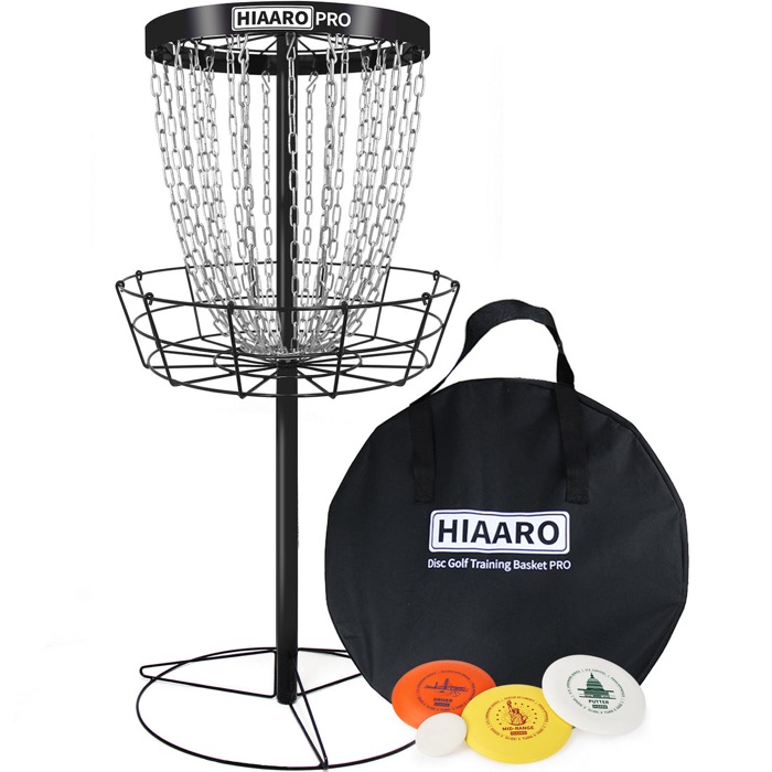 HIAARO PRO disc golf basket with carry bag and starter discs