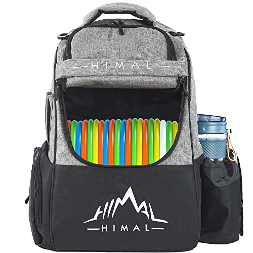Himal Outdoors disc golf backpack in grey and black with the main compartment open showing a row of discs and a water bottle in the side holder
