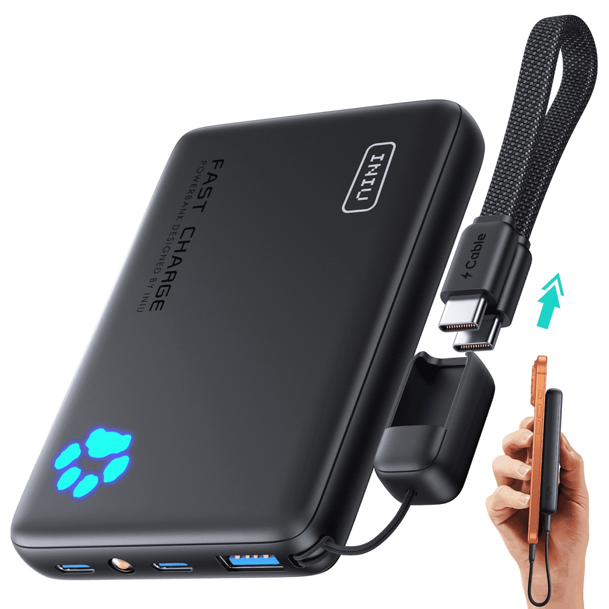 INIU 10000mAh portable power bank with detachable USB-C cable and paw-print battery indicator