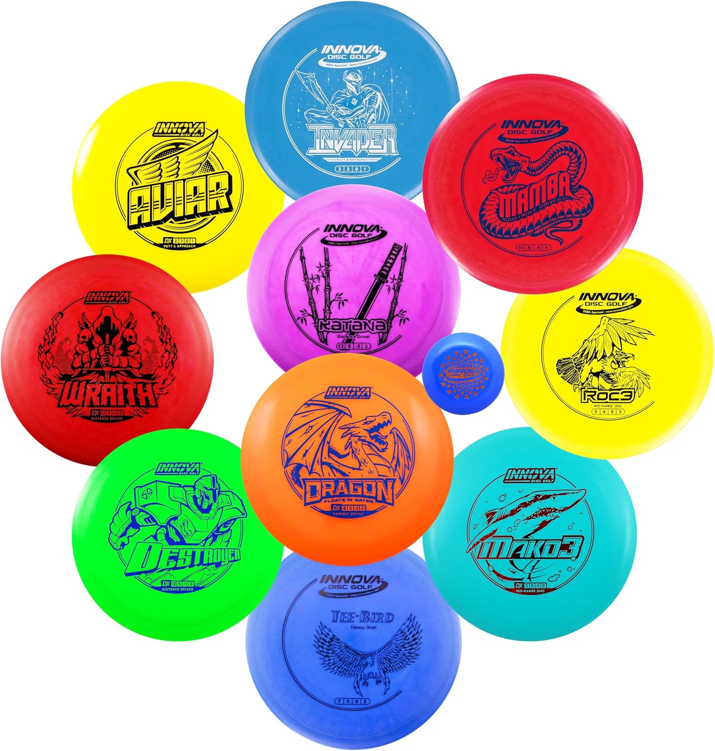 Innova Disc Golf 10-Disc Starter Set with Aviar, Invader, Katana, Mamba, Destroyer, Teebird, Wraith, Dragon, Mako3, and Roc3 discs