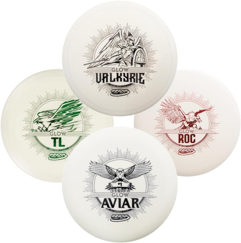 Innova DX Glow 4-Disc Starter Set with Glow Aviar putter, Glow Roc midrange, Glow TL fairway driver, and Glow Valkyrie distance driver
