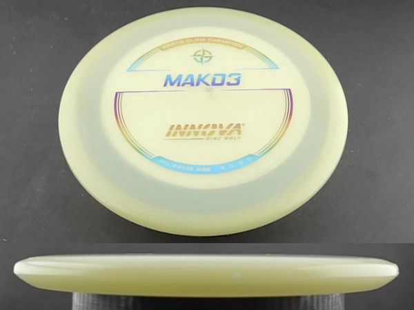 Innova Proto Glow Champion Mako3 glow-in-the-dark midrange disc, top and side profile