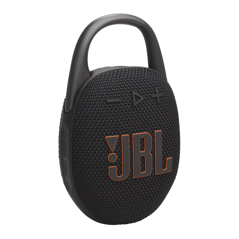 JBL Clip 5 Bluetooth speaker in black with its built-in carabiner