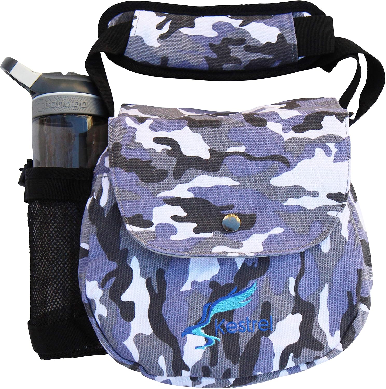 Kestrel disc golf sling bag in gray camo canvas with water bottle pocket