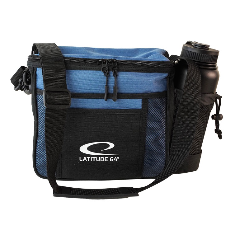 Latitude 64 Slim Shoulder Bag disc golf bag in black and blue with water bottle holder