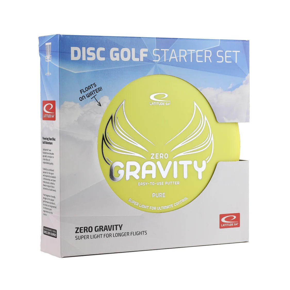Latitude 64 Zero Gravity Disc Golf Starter Set box with Pure, Fuse, and Explorer discs