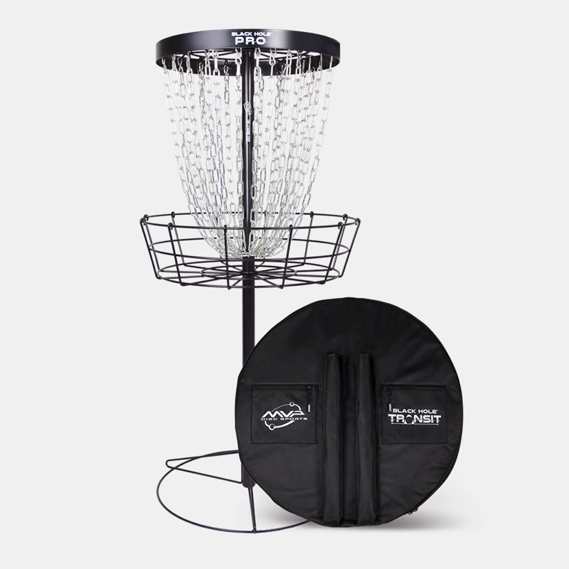 MVP Black Hole Pro 24-chain disc golf basket with its round Black Hole Transit carrying bag