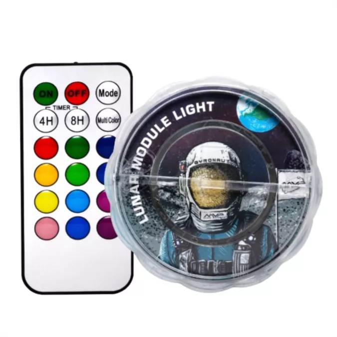 MVP Lunar Module LED disc golf basket light with remote control, showing multiple color options
