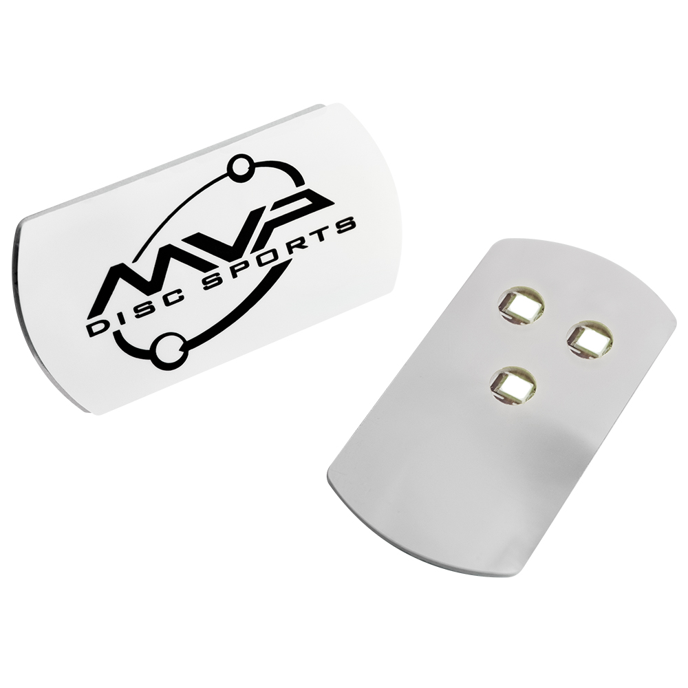 MVP Tri-Lit LED disc light shown front and back with its three LEDs