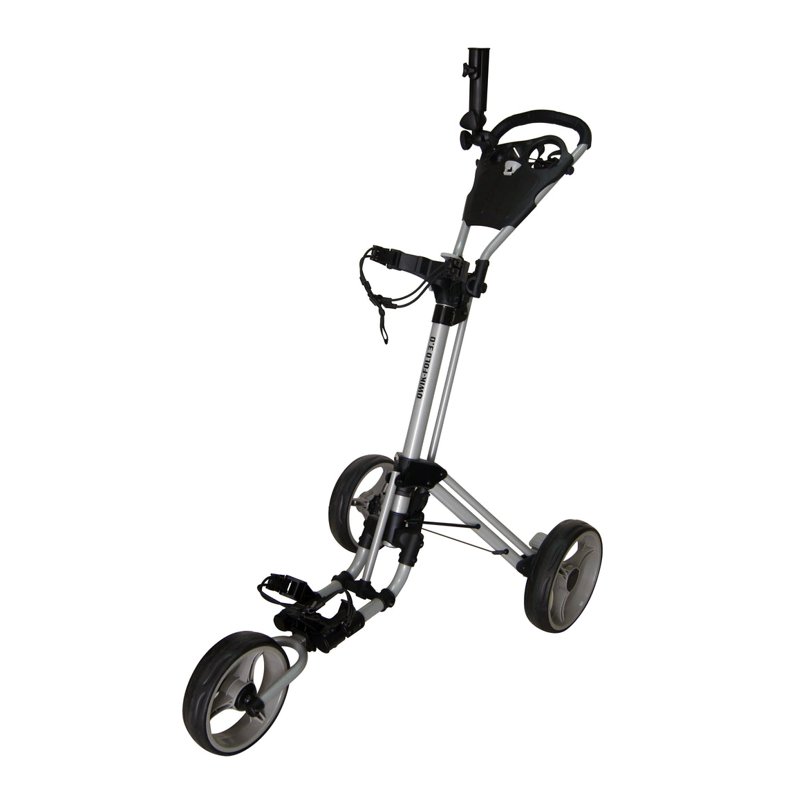 Qwik-Fold 3.0 silver 3-wheel folding golf push cart, usable for disc golf bags