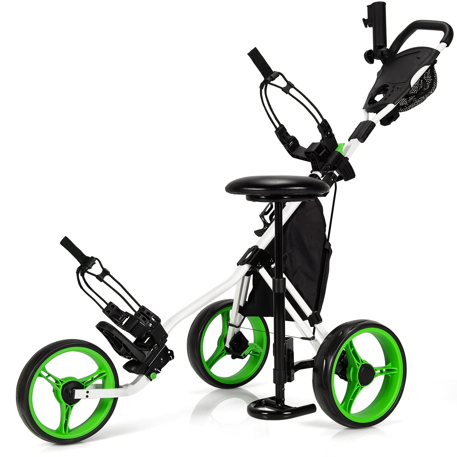 Tangkula 3-wheel golf push cart with a built-in seat, disc golfers use it for their bags