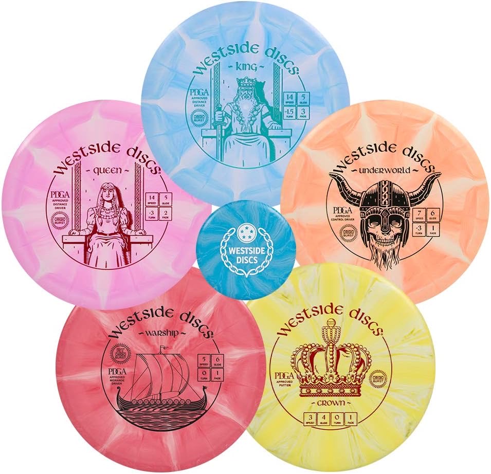 Westside Discs Origio Burst 5-Disc Golf Starter Set with King, Queen, Underworld, Warship, and Crown discs